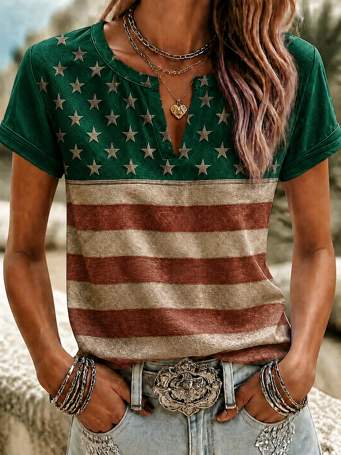 Women'S Casual Cotton Linen American Independence Day Floral Art Printed Short Sleeved T-Shirt