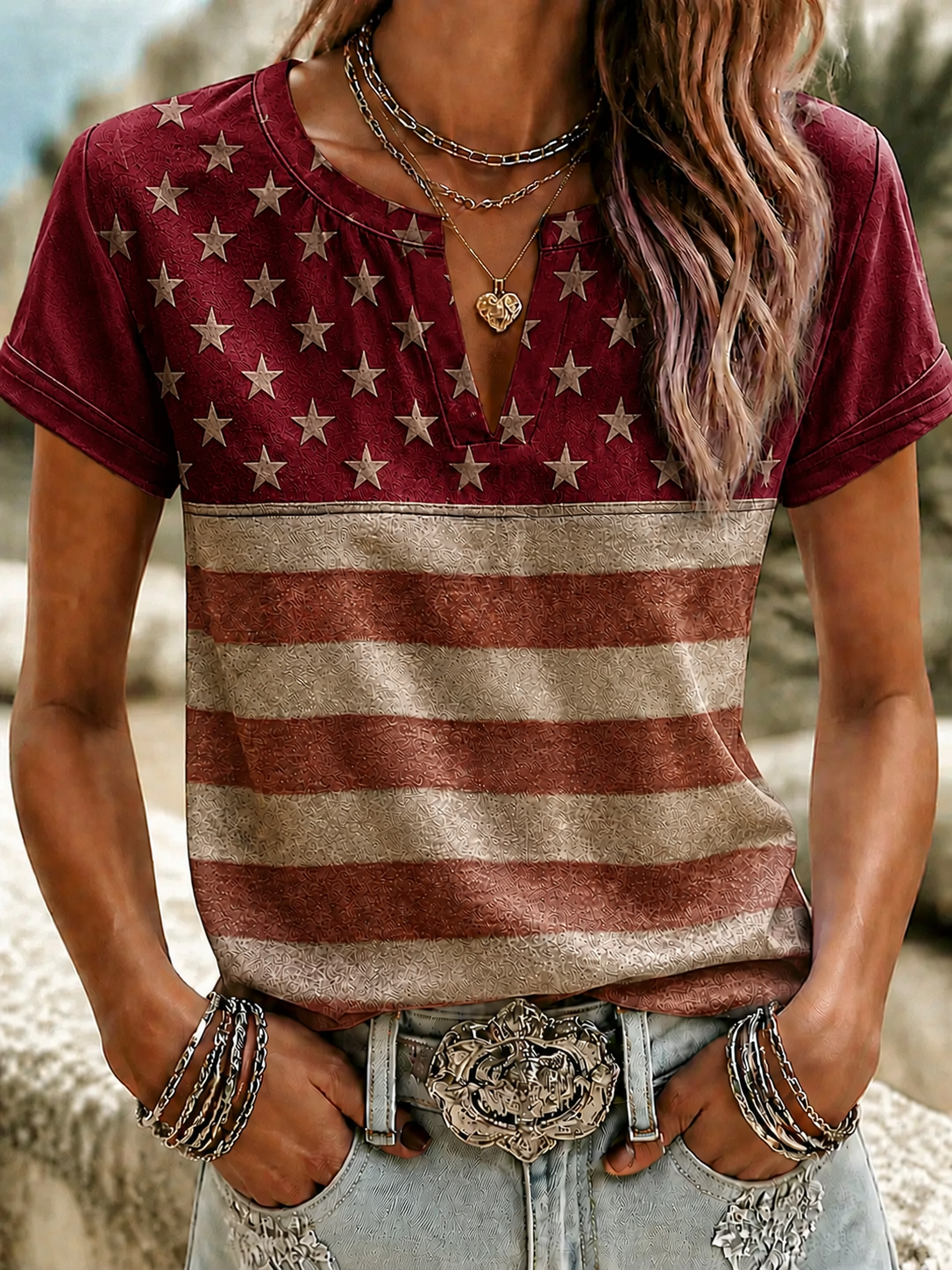Women'S Casual Cotton Linen American Independence Day Floral Art Printed Short Sleeved T-Shirt
