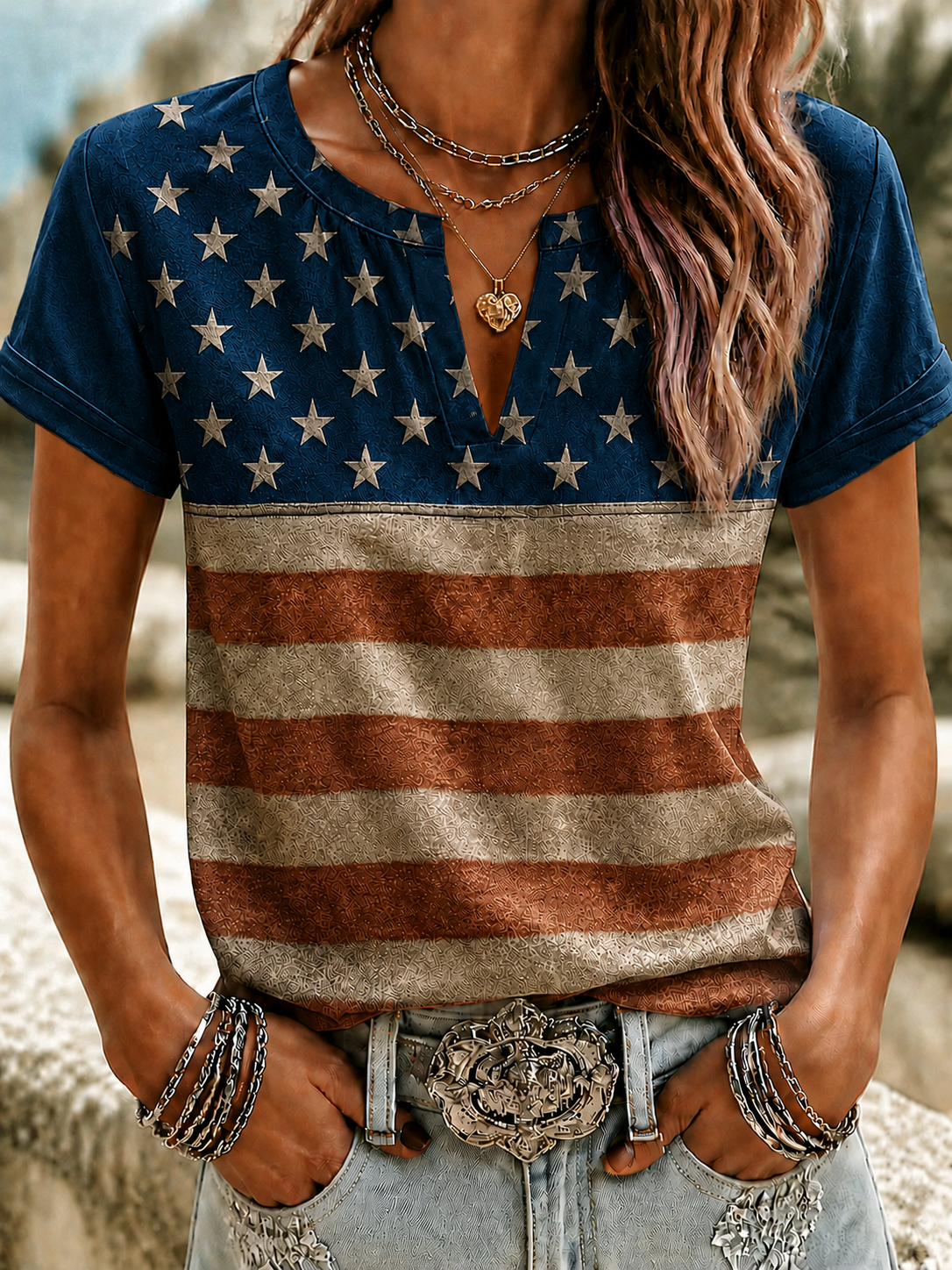 Women'S Casual Cotton Linen American Independence Day Floral Art Printed Short Sleeved T-Shirt