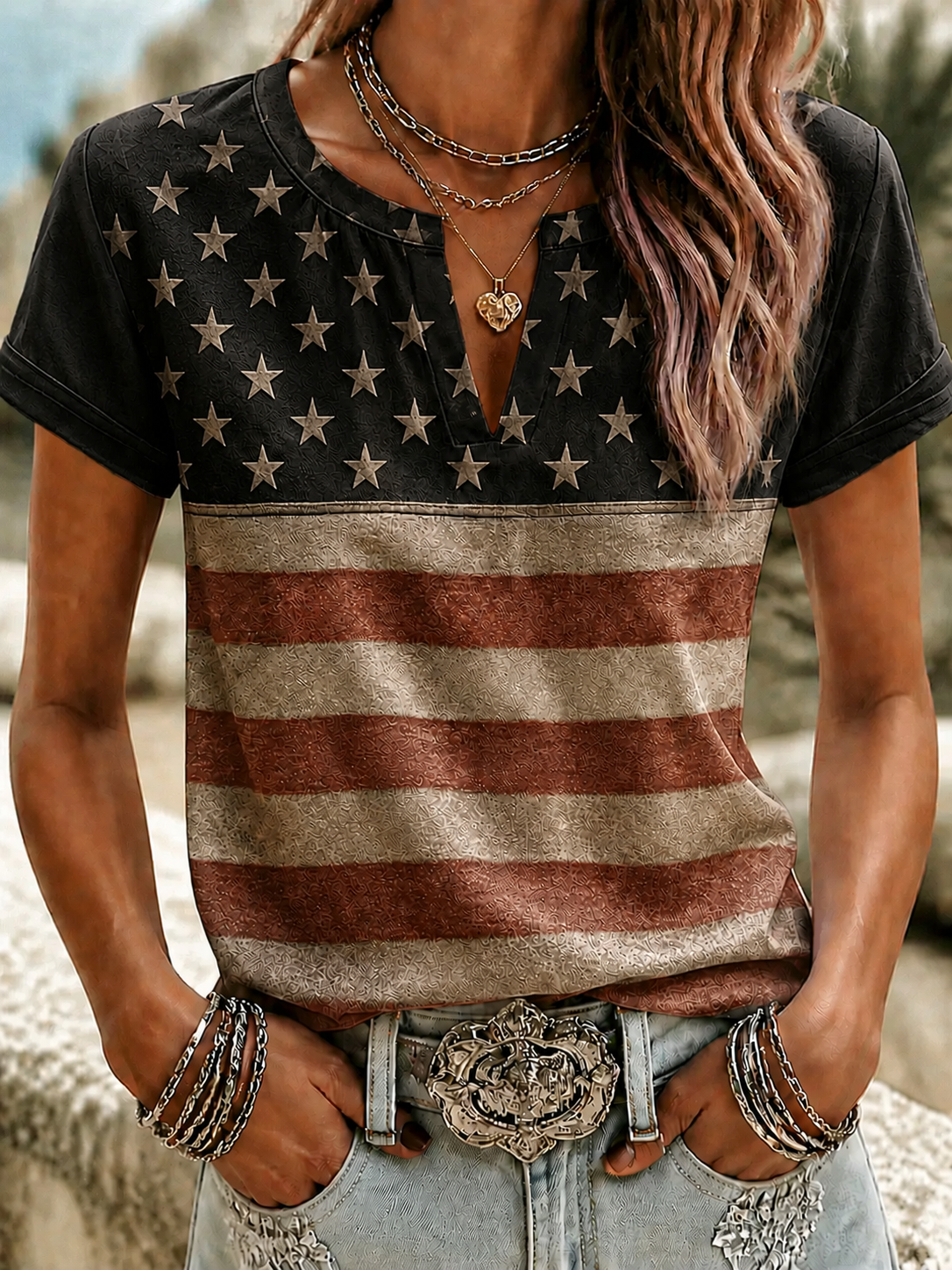 Women'S Casual Cotton Linen American Independence Day Floral Art Printed Short Sleeved T-Shirt